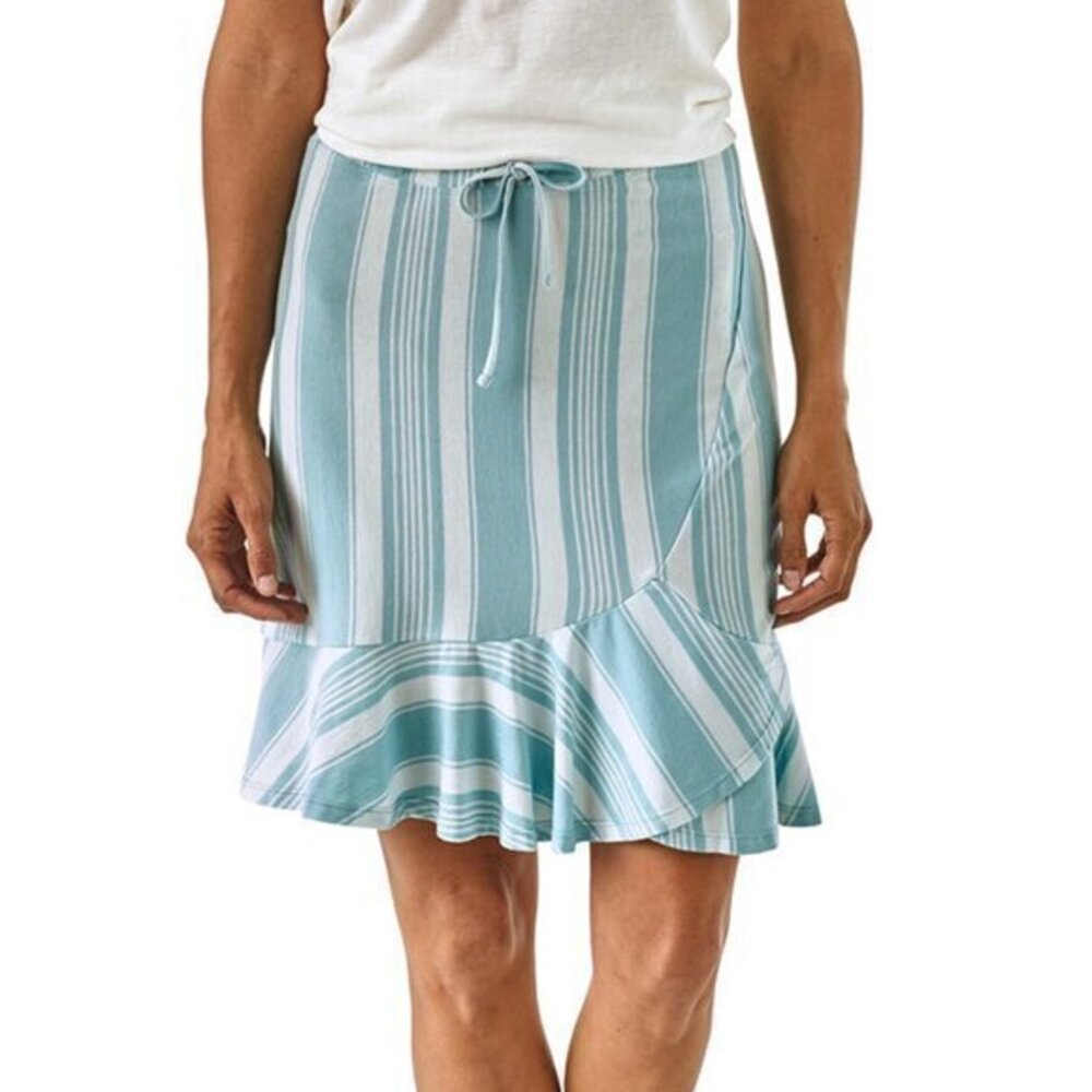 Patagonia Alpine Valley Pull On Drawstring Flutter Hem Skirt M Blue/White Stripe